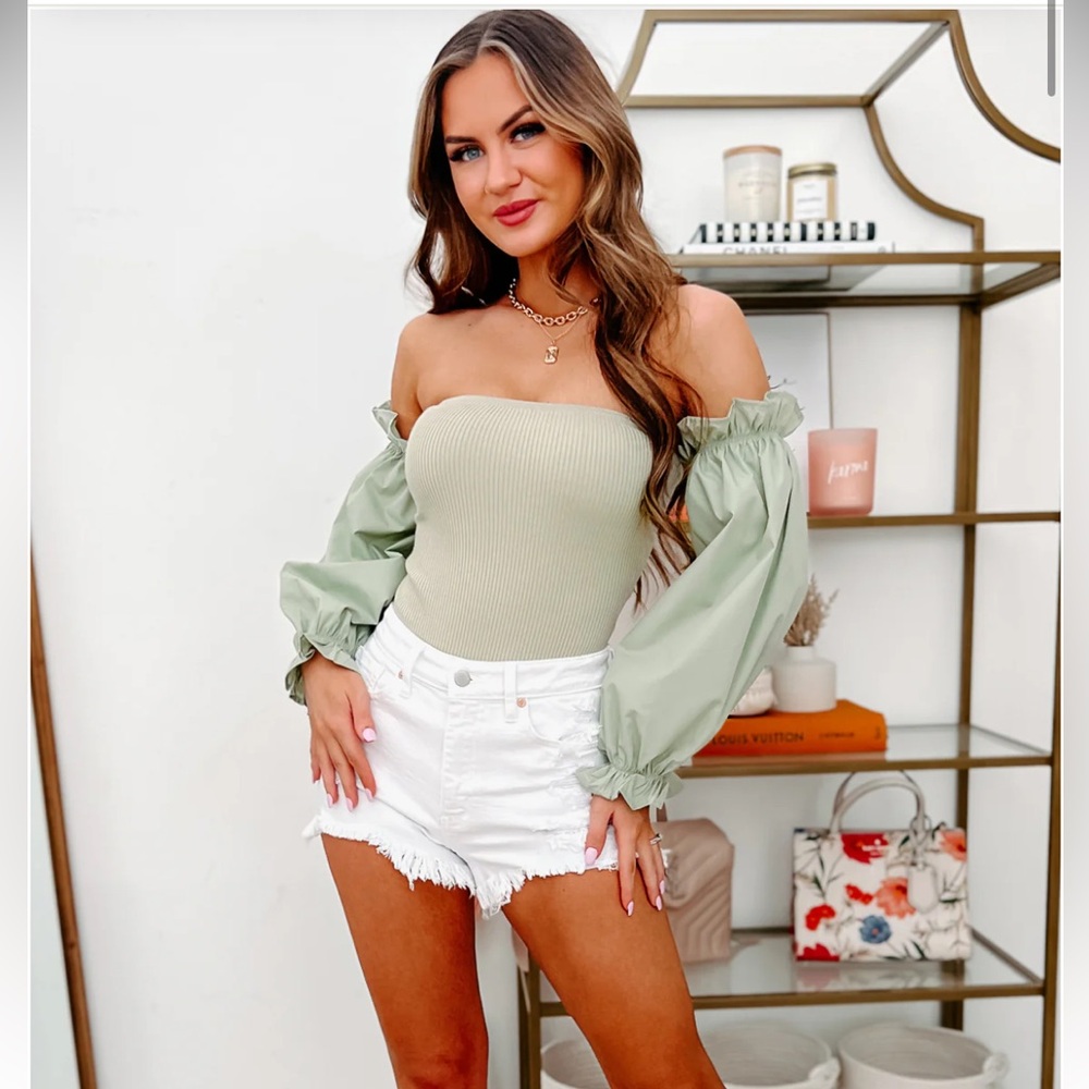 emory park Sage Green Off-Shoulder Puff Sleeve Bodysuit